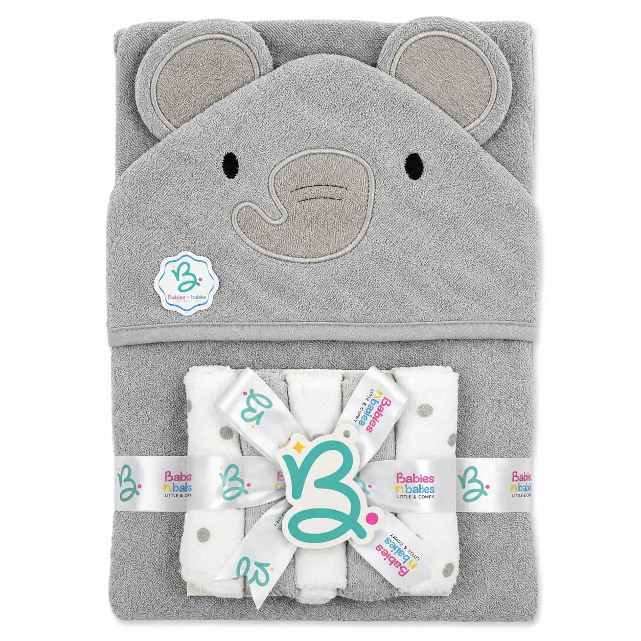 BABY HOODED BATH TOWEL 6PCS SET ELEPHANT GREY