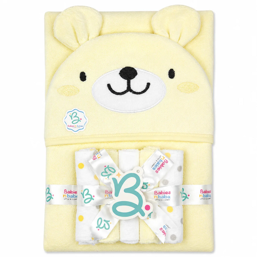BABY HOODED BATH TOWEL 6PCS SET LAMA YELLOW