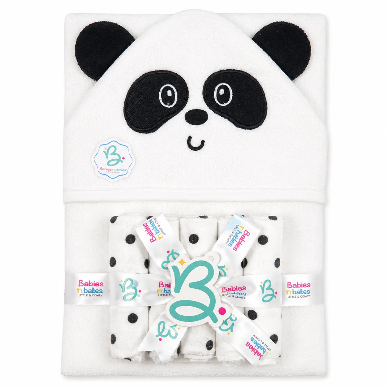 BABY HOODED BATH TOWEL 6PCS SET PANDA WHITE
