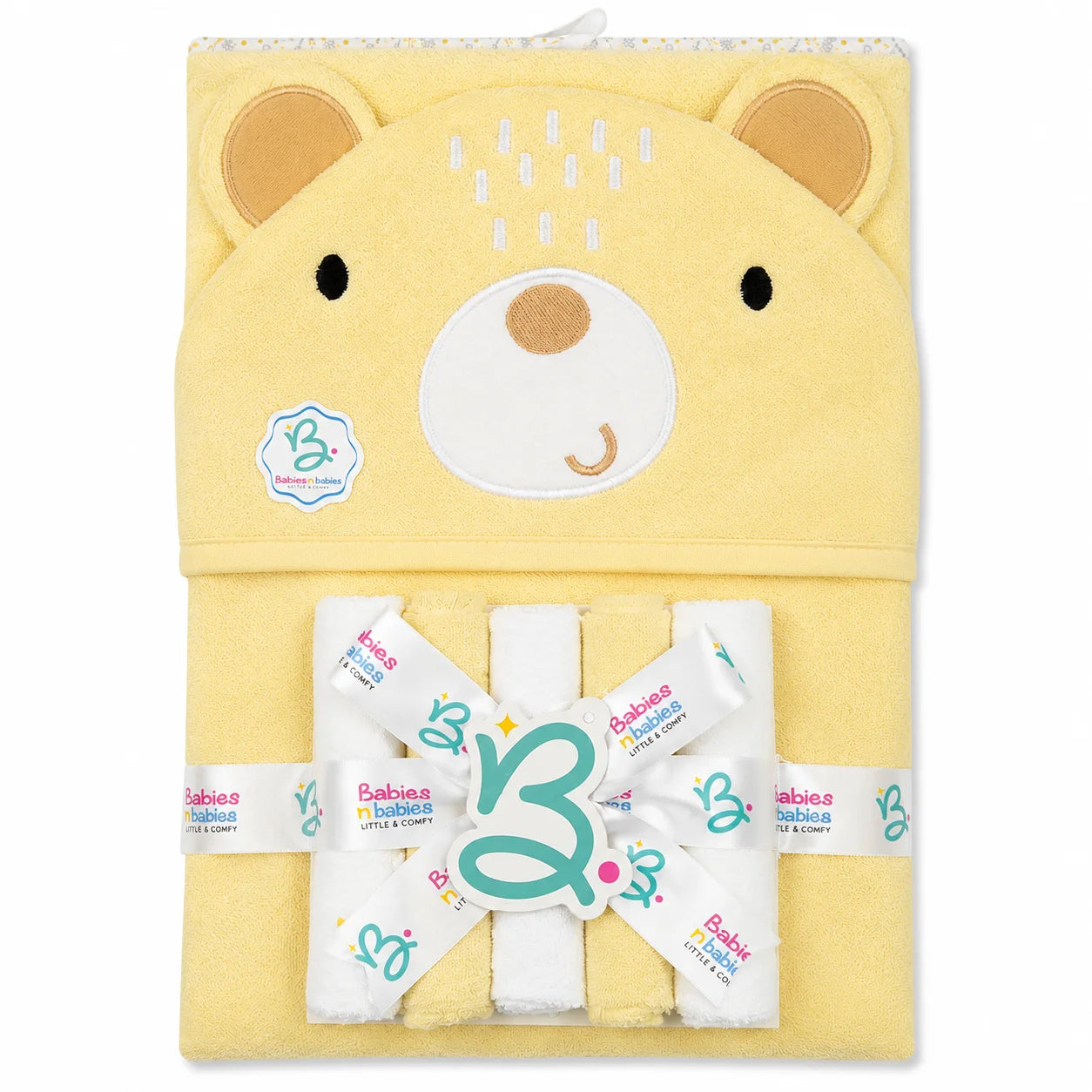 BABY HOODED BATH TOWEL 6PCS SET TEDDY BEAR SKIN BROWN