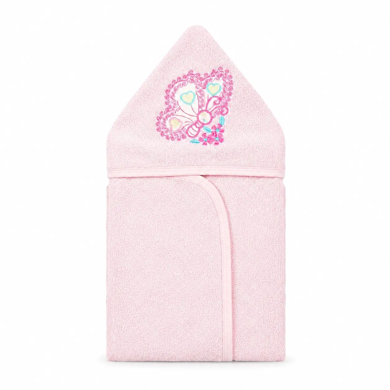 BABY HOODED BATHTOWEL TERRY BUTTERFLY PINK