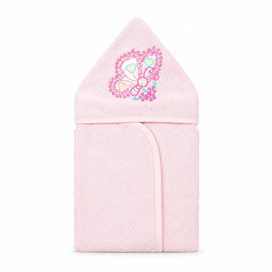 BABY HOODED BATHTOWEL TERRY BUTTERFLY PINK