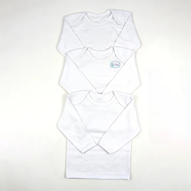 Closer view of white full-sleeve cotton baby inner vests from the pack of 3