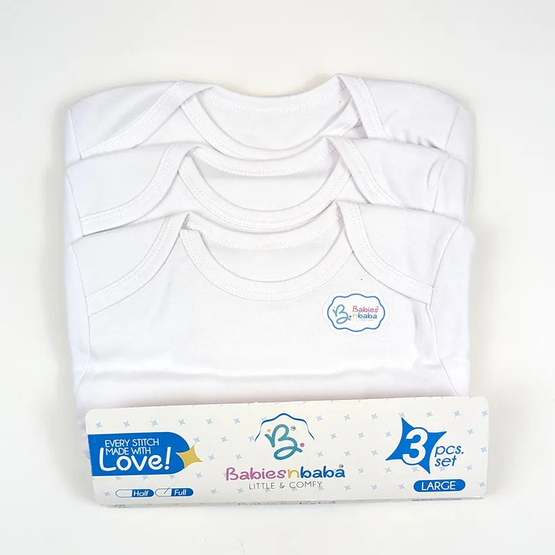 Additional view of white full-sleeve cotton baby inner vests from the pack of 3