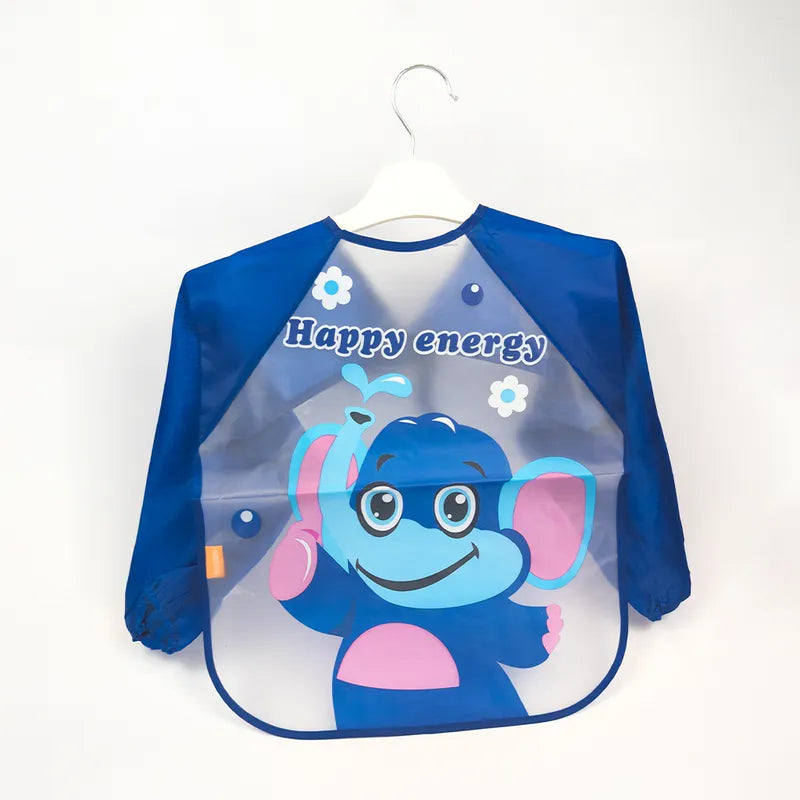 FULL SLEEVES WATERPROOF BABY BIB BLUE ELEPHANT PLASTIC APRON FOR FEEDING & ARTS