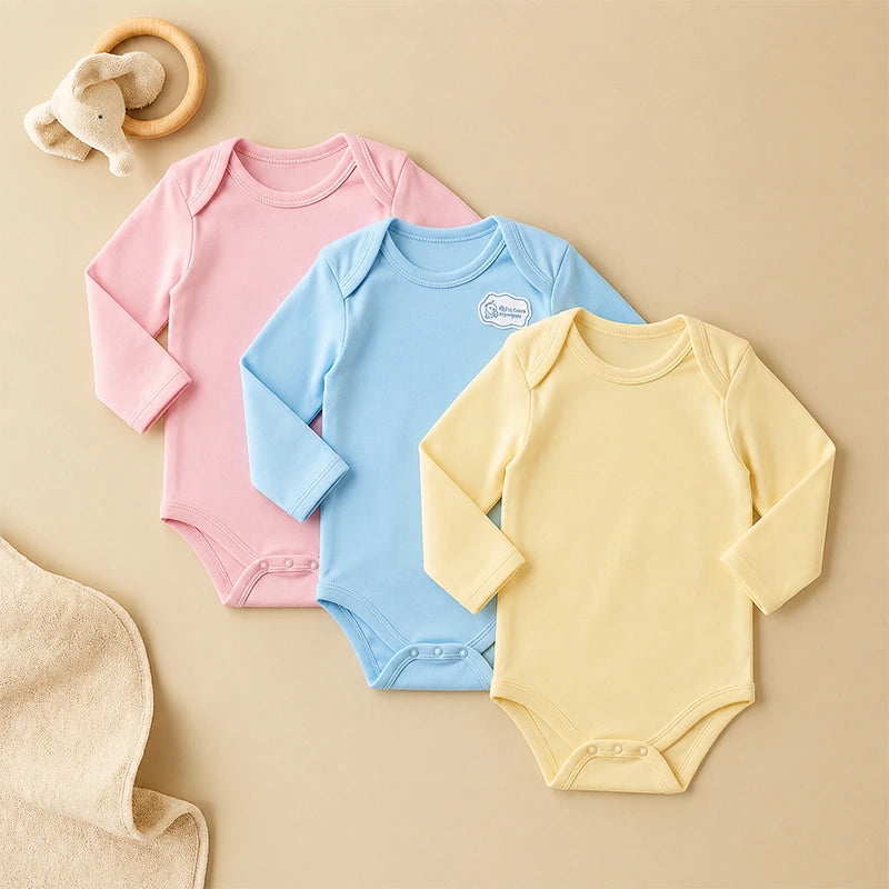 Multicolour full-sleeve cotton baby romper vests with mixed colours print, pack of 3