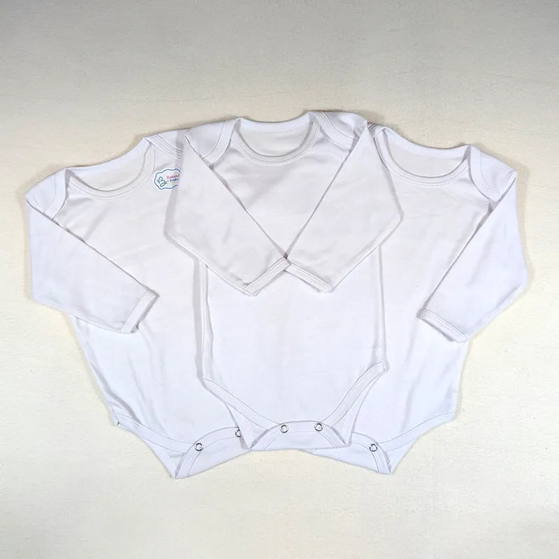 Additional view of white full-sleeve cotton baby rompers from the pack of 3