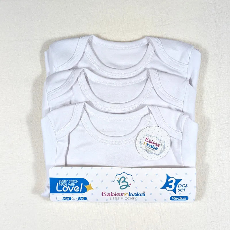 Closer view of white full-sleeve cotton baby rompers from the pack of 3