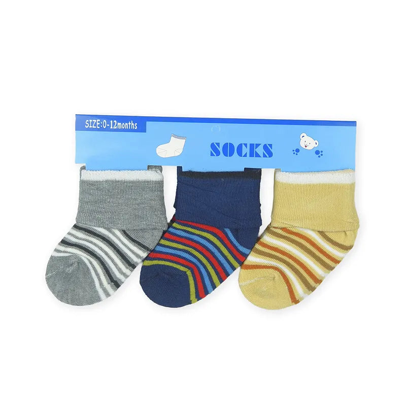 PACK OF 3 STRIPED COTTON BABY SOCKS - GREY, MUSTARD & NAVY BLUE (0-12M)