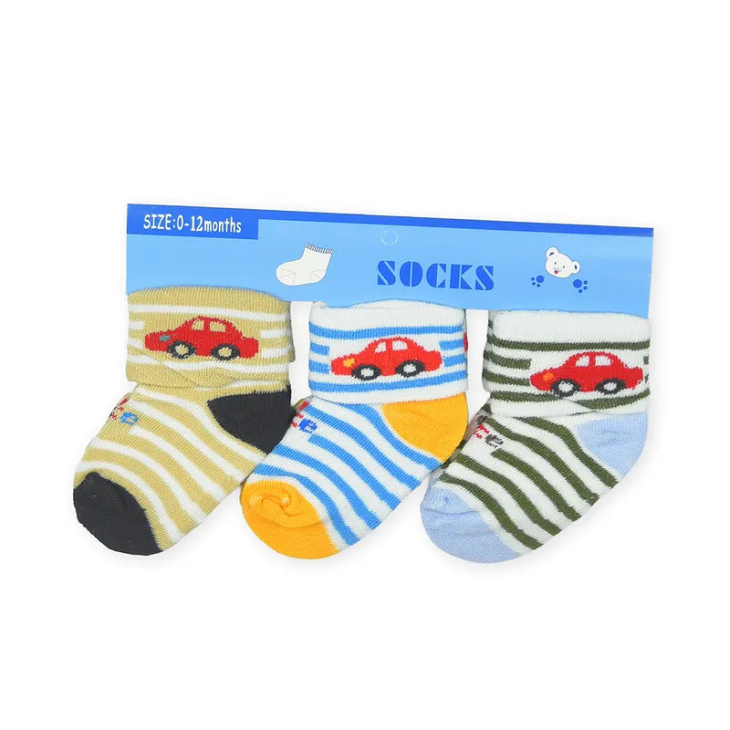 3 PACK BABY BOY SOCKS-BLUE, OLIVE GREEN& BEIGE STRIPED CAR PRINT (0-12M)
