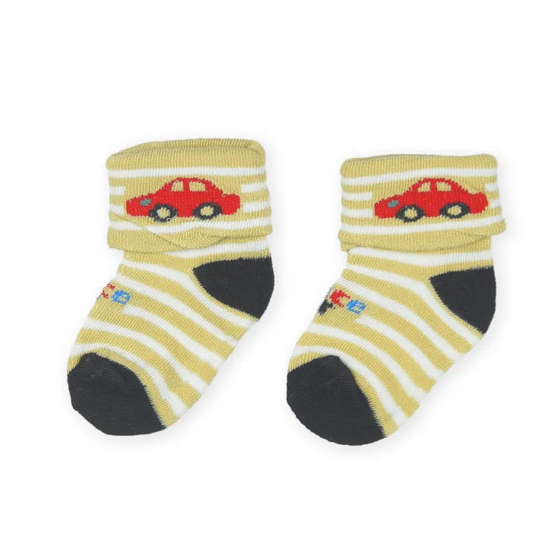 3 PACK BABY BOY SOCKS-BLUE, OLIVE GREEN& BEIGE STRIPED CAR PRINT (0-12M) - image 4
