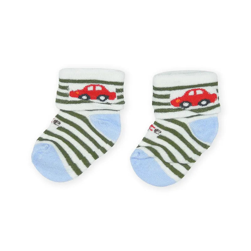 3 PACK BABY BOY SOCKS-BLUE, OLIVE GREEN& BEIGE STRIPED CAR PRINT (0-12M) - image 3