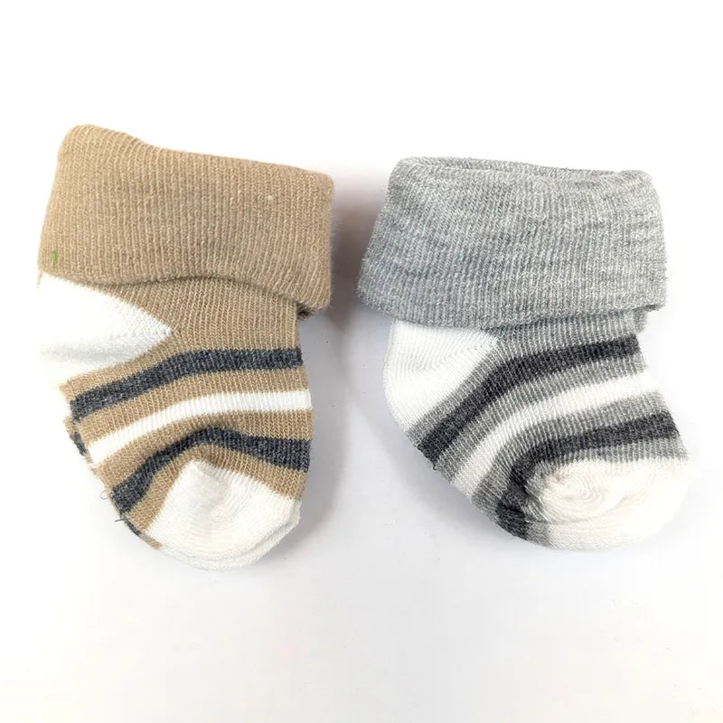 BABY STRIPED COTTON SOCKS PACK OF 2 (GREY & SKIN BROWN)(0-3M)