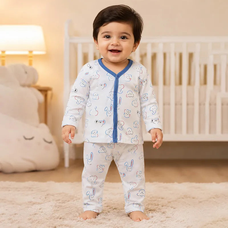 BABY UNISEX ANIMAL FACE PRINT NIGHT SUIT – WHITE & BLUE