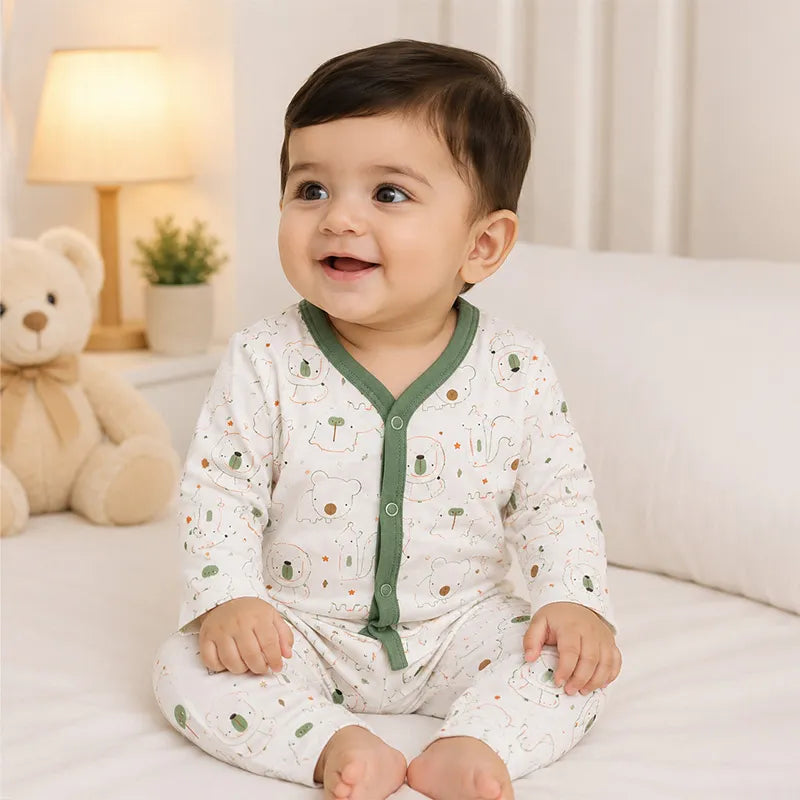 BABY UNISEX ANIMAL PRINT NIGHT SUIT – OFF-WHITE & OLIVE GREEN