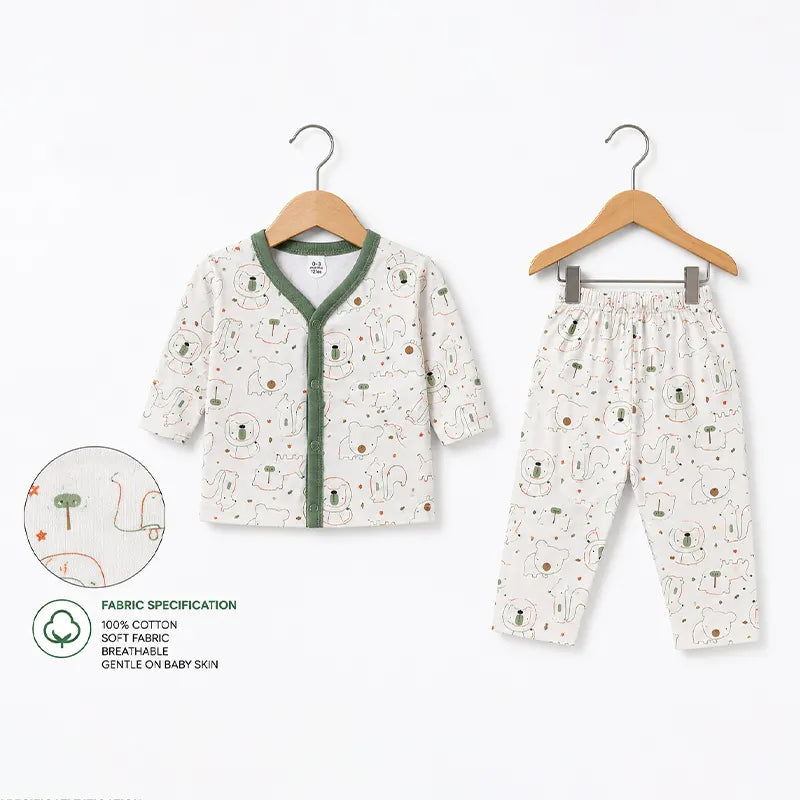 BABY UNISEX ANIMAL PRINT NIGHT SUIT – OFF-WHITE & OLIVE GREEN