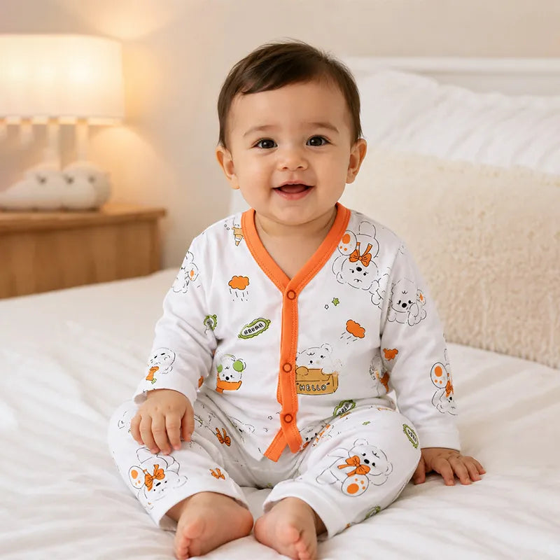 BABY UNISEX BEAR PRINT NIGHT SUIT – WHITE & ORANGE