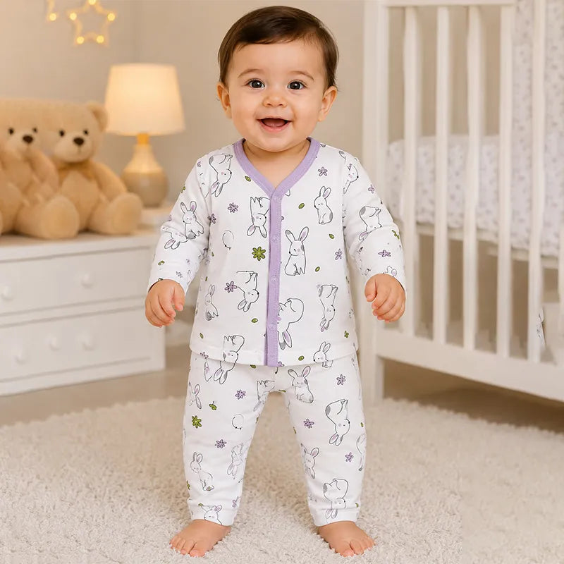 BABY UNISEX BUNNY PRINT NIGHT SUIT – WHITE & LAVENDER