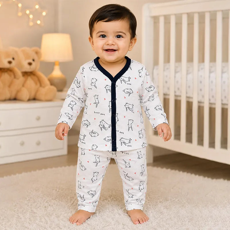 BABY UNISEX BUNNY PRINT NIGHT SUIT – WHITE & NAVY BLUE