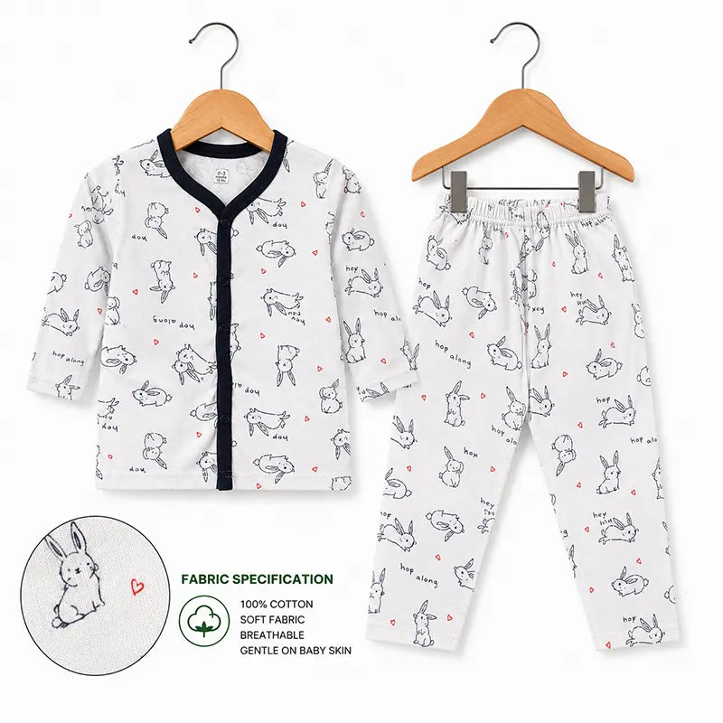 BABY UNISEX BUNNY PRINT NIGHT SUIT – WHITE & NAVY BLUE