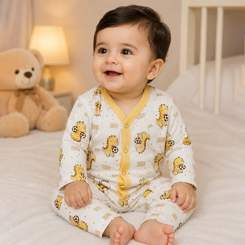 BABY UNISEX DINOSAUR FOOTBALL PRINT NIGHT SUIT – WHITE & MUSTARD
