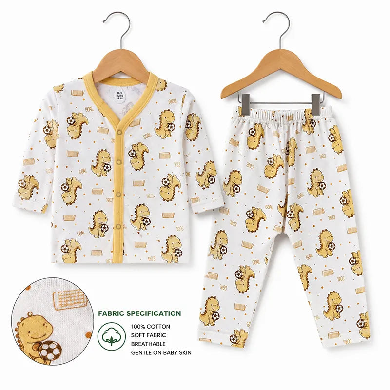 BABY UNISEX DINOSAUR FOOTBALL PRINT NIGHT SUIT – WHITE & MUSTARD