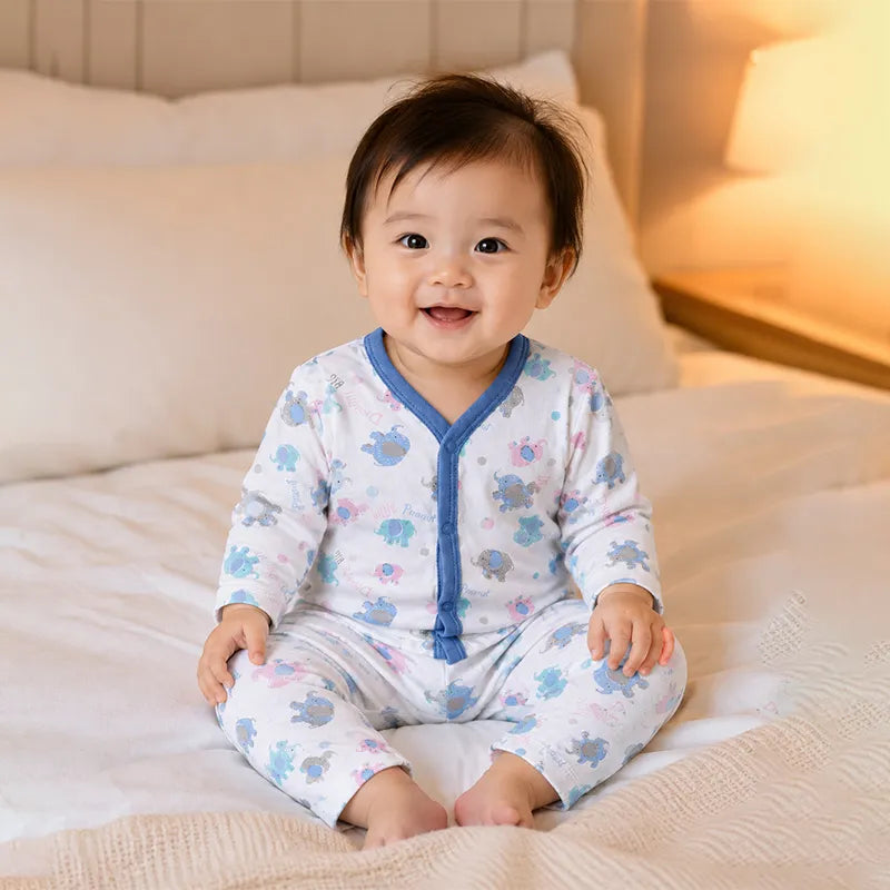 BABY UNISEX ELEPHANT PRINT NIGHT SUIT – WHITE & BLUE