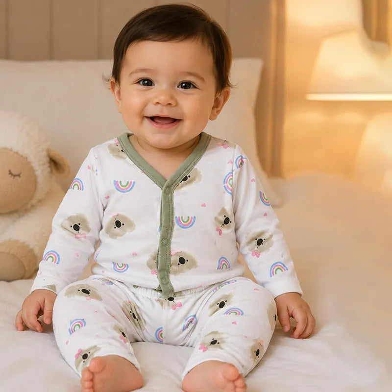 BABY UNISEX KOALA & RAINBOW PRINT NIGHT SUIT – WHITE & OLIVE GREEN