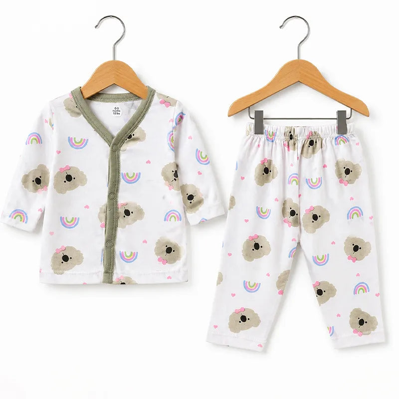 BABY UNISEX KOALA & RAINBOW PRINT NIGHT SUIT – WHITE & OLIVE GREEN
