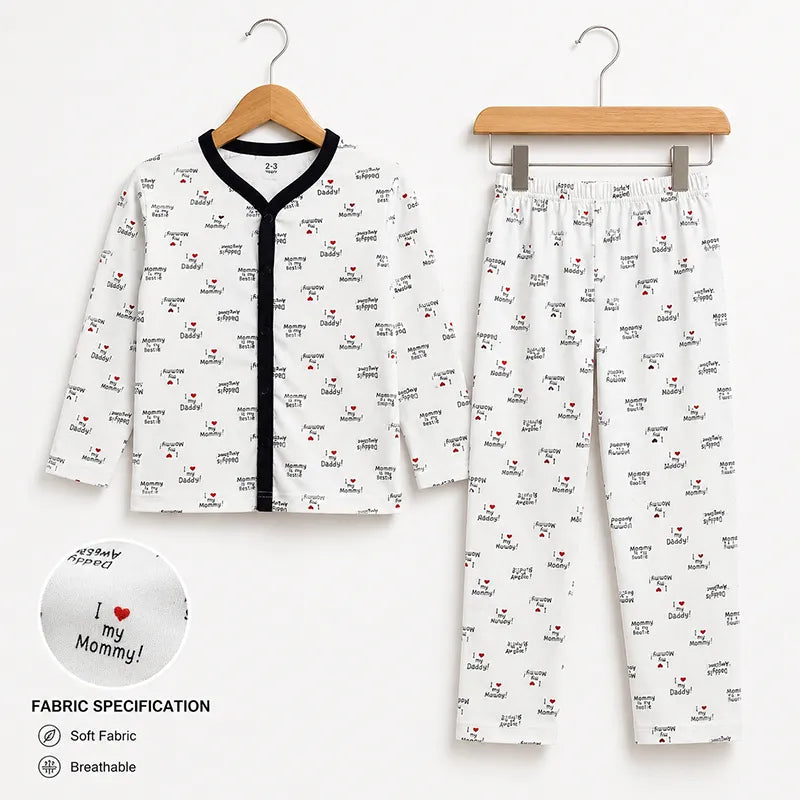 BABY UNISEX MOMMY & DADDY TEXT PRINT NIGHT SUIT – WHITE & NAVY BLUE