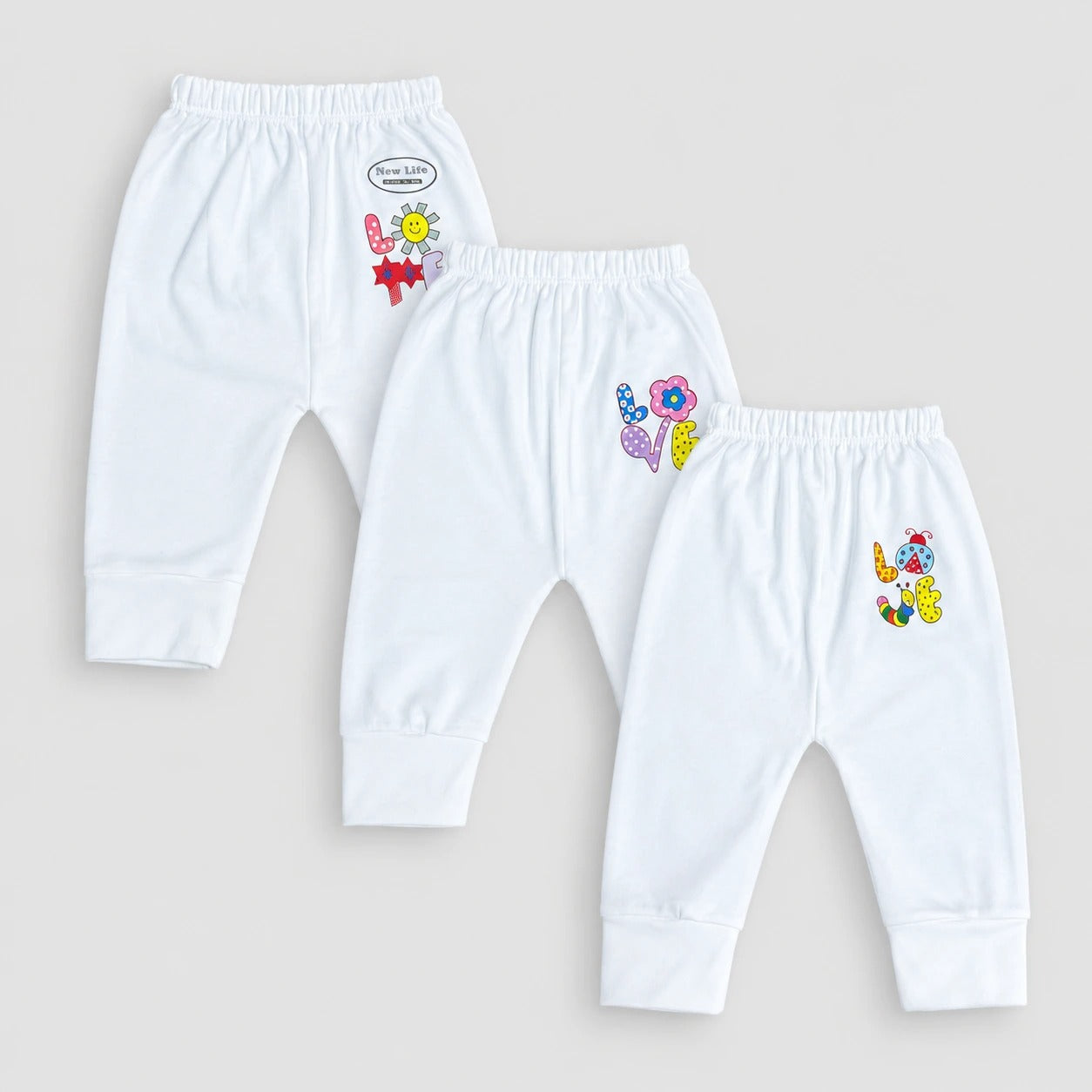 Baby Unisex White Cotton Pajama Pack of 3 Colorfull Love Print