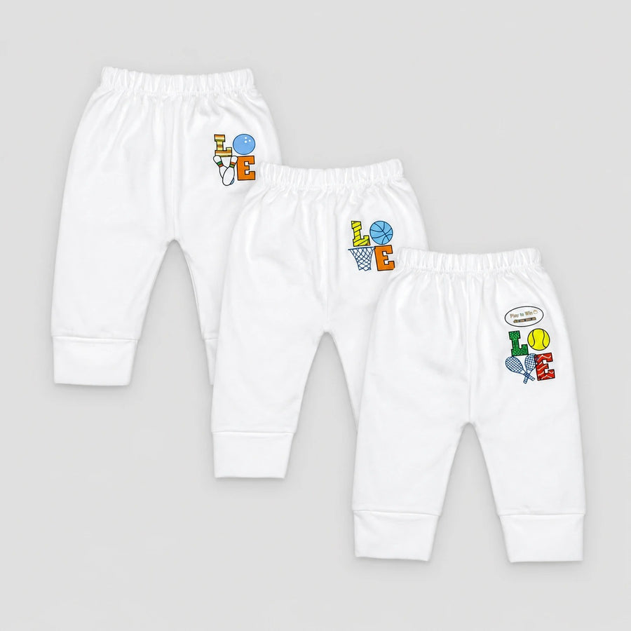 Baby Unisex White Cotton Pajama Pack of 3 Sports Love Print