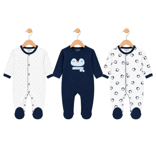 Penguin – Navy Blue & White baby footed romper