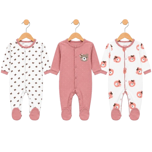 Cute Bear & Bow – Pink & White baby footed romper