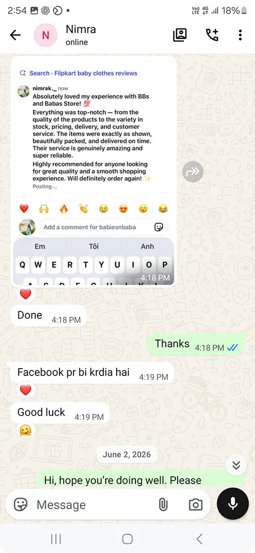 Babies n Baba customer WhatsApp review 2