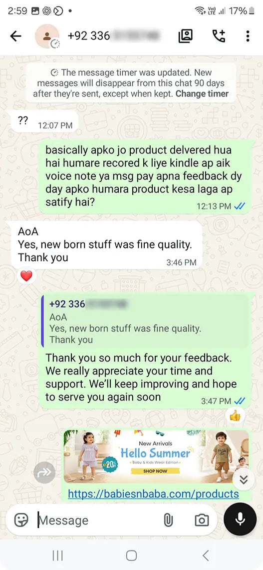 Babies n Baba customer WhatsApp review 6