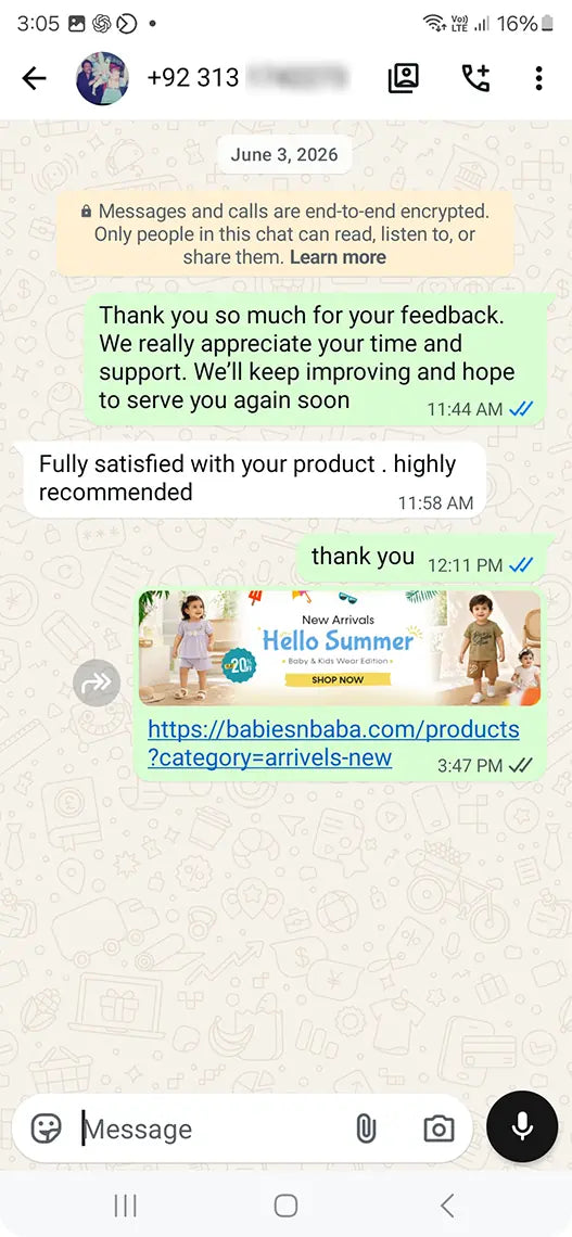 Babies n Baba customer WhatsApp review 8