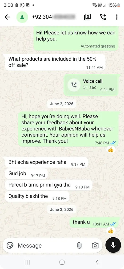 Babies n Baba customer WhatsApp review 9