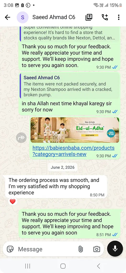 Babies n Baba customer WhatsApp review 11