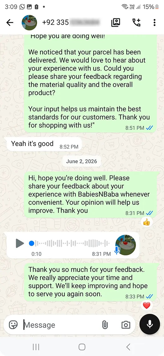 Babies n Baba customer WhatsApp review 13