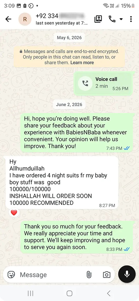 Babies n Baba customer WhatsApp review 14