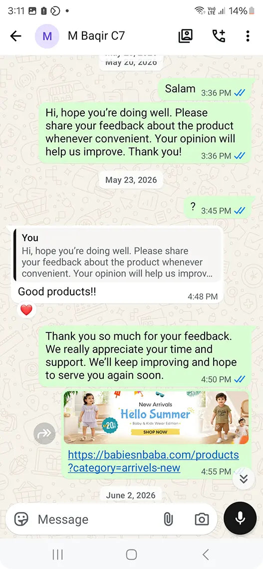 Babies n Baba customer WhatsApp review 18