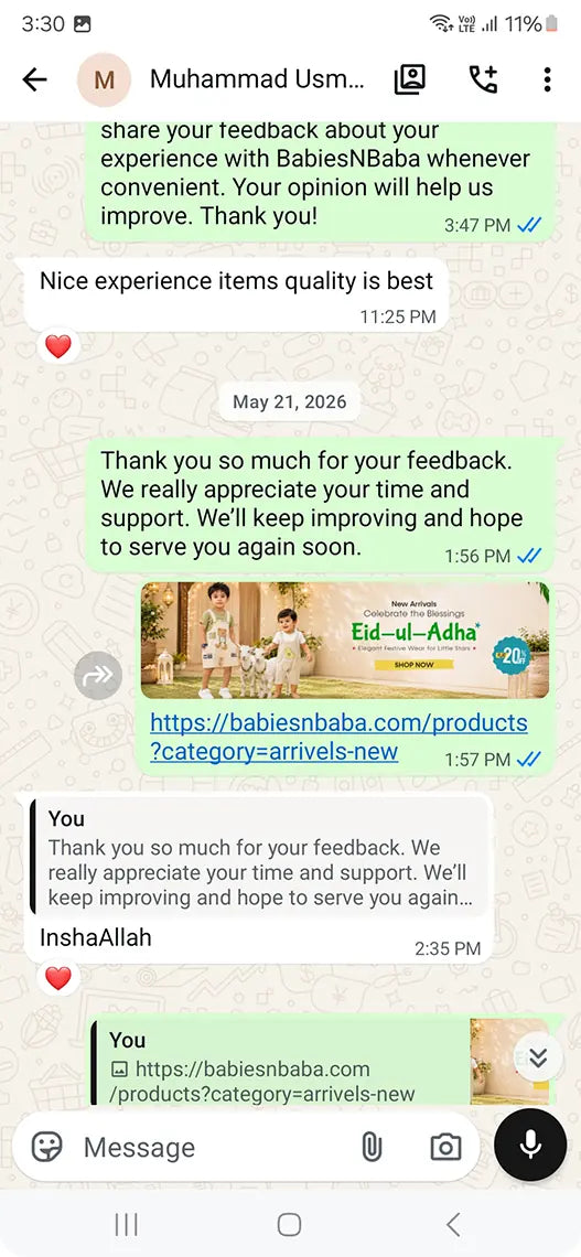 Babies n Baba customer WhatsApp review 22