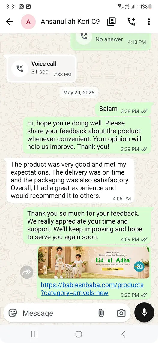 Babies n Baba customer WhatsApp review 24