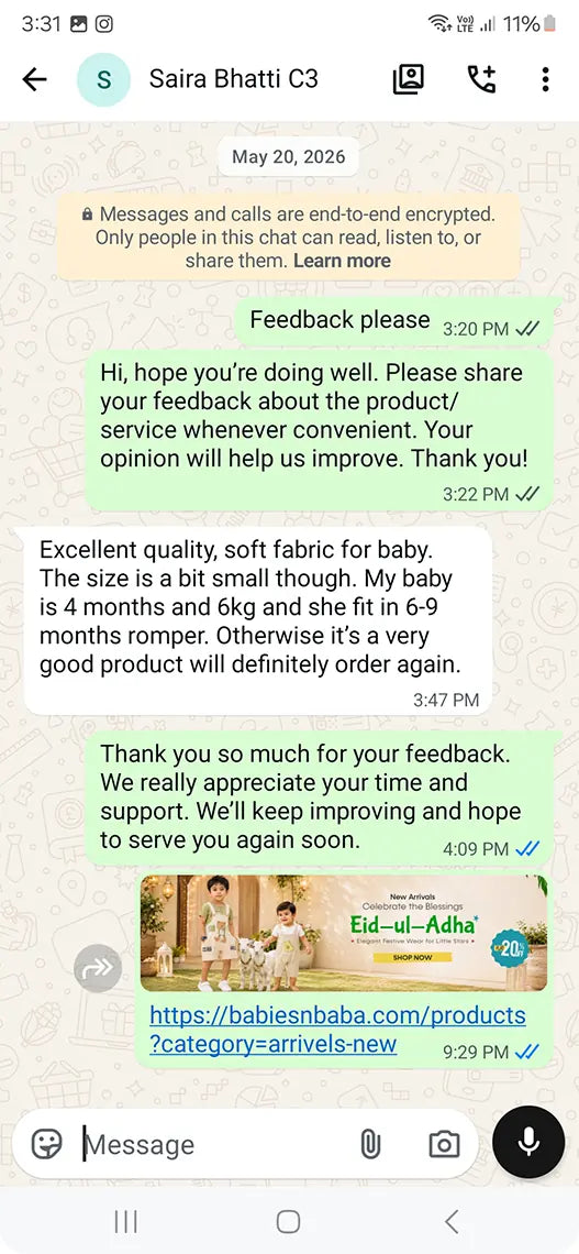 Babies n Baba customer WhatsApp review 25