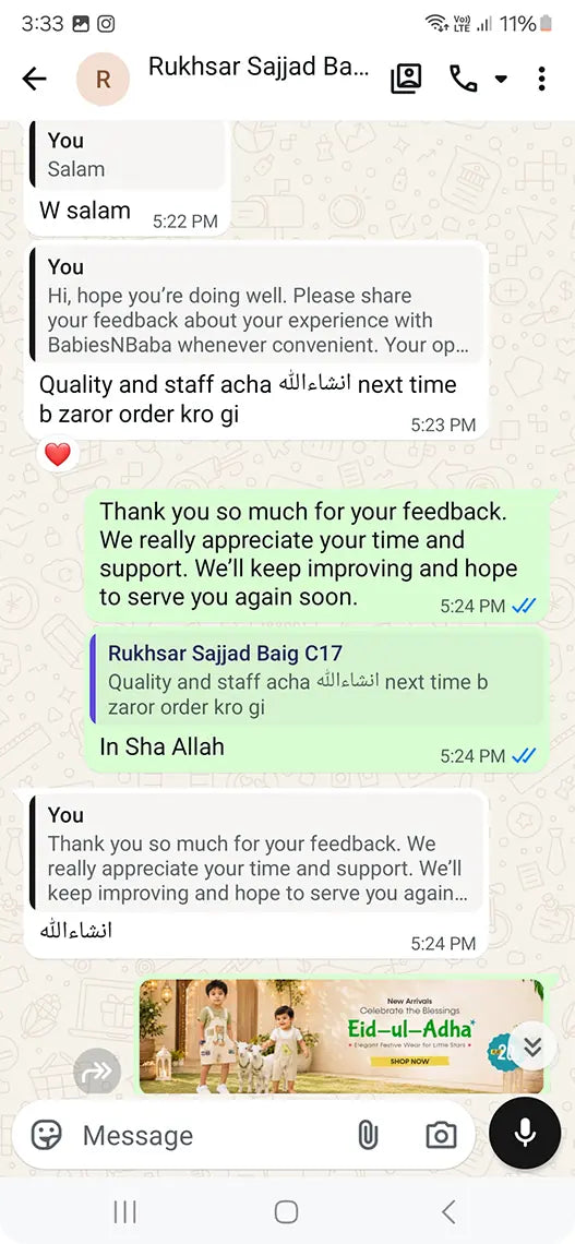 Babies n Baba customer WhatsApp review 28