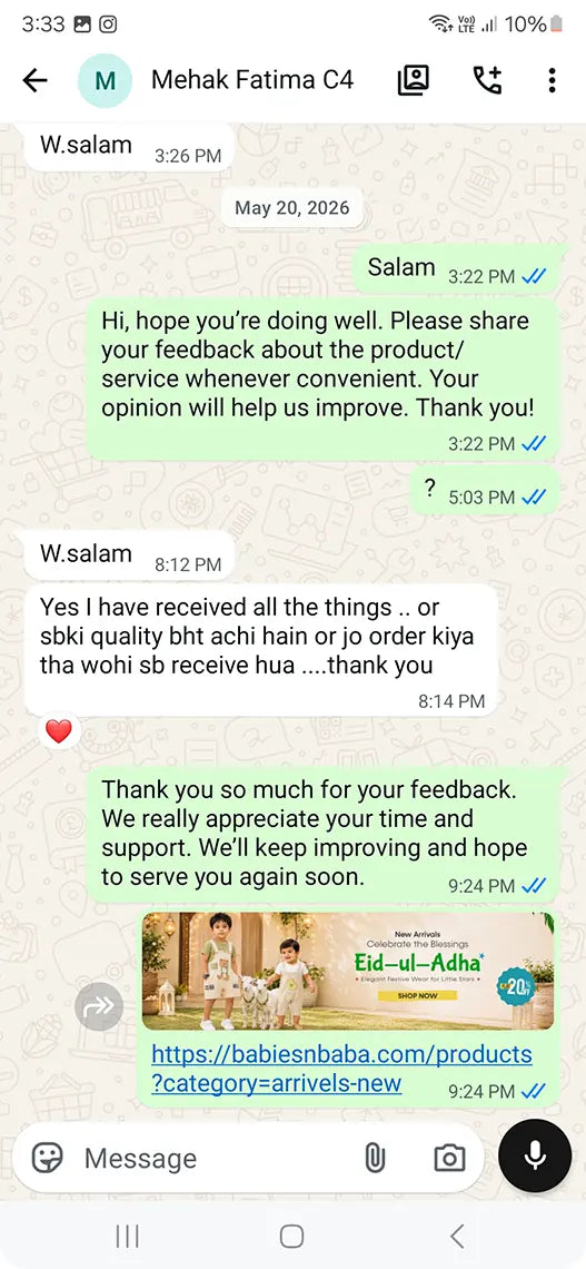 Babies n Baba customer WhatsApp review 30