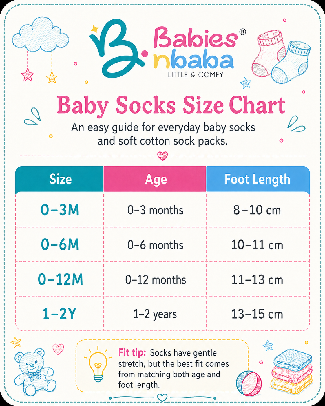 Babies n Baba baby socks size chart