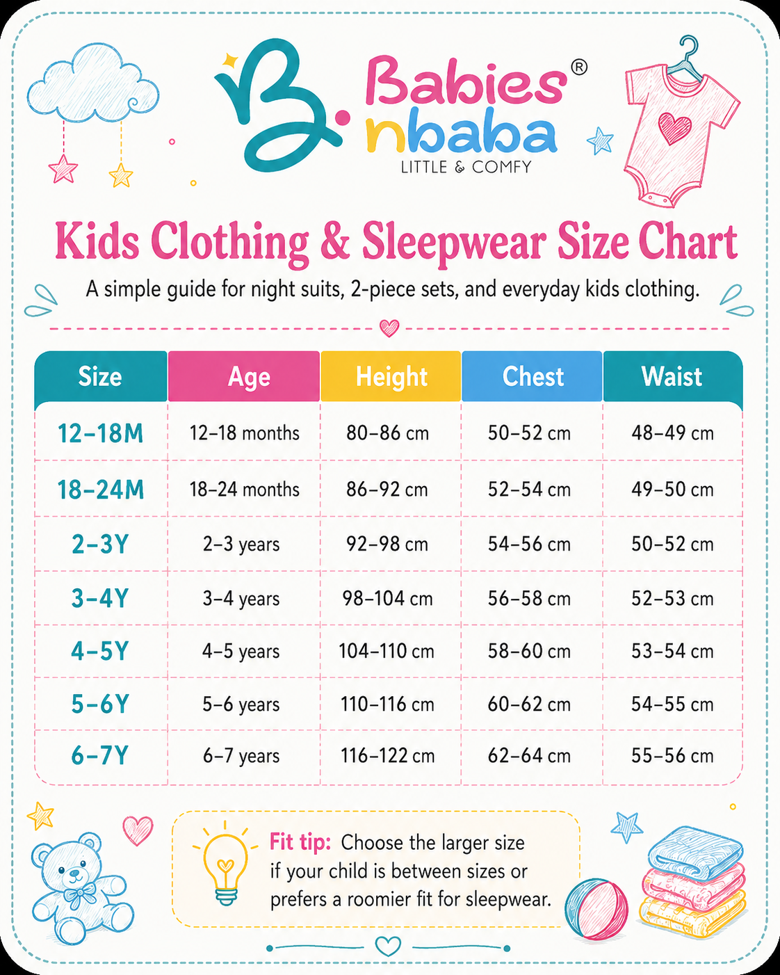 Babies n Baba kids clothing and sleepwear size chart