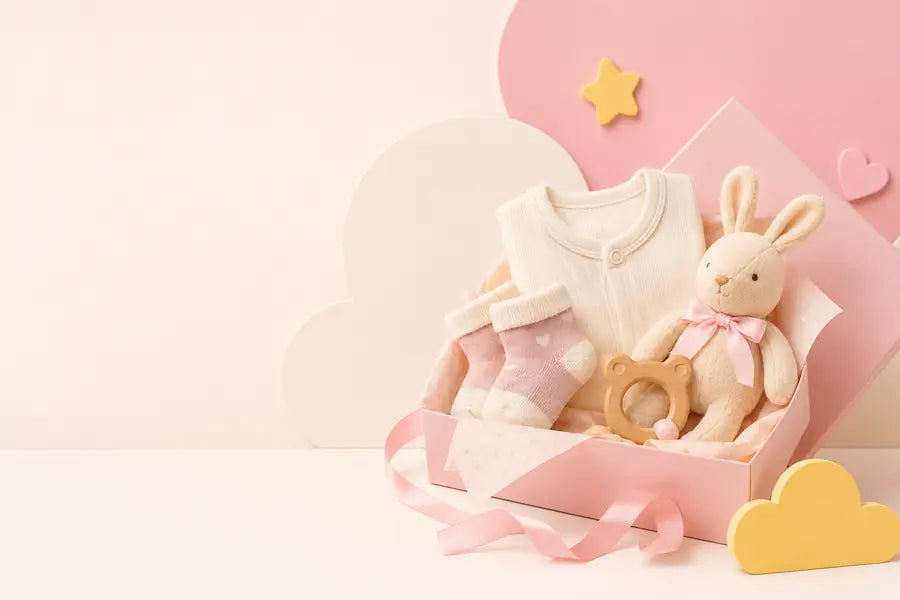 Newborn gift basket and baby essentials reel cover